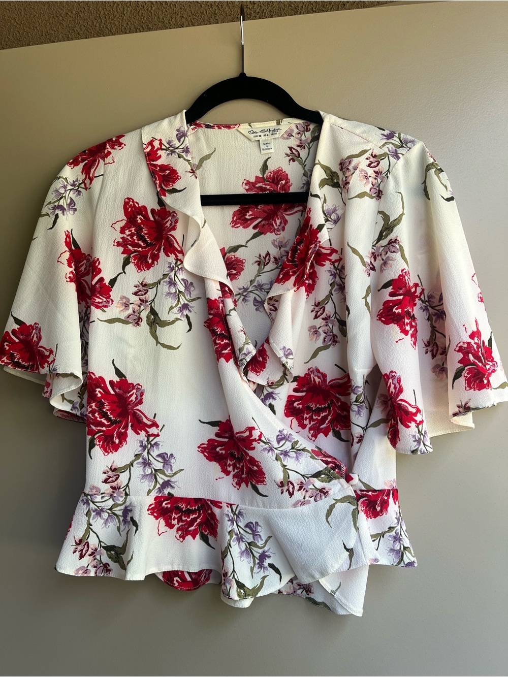 Miss Selfridge White Floral Wrap Peplum Blouse with Red Blooms